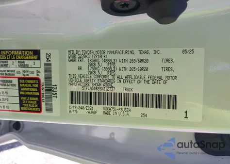 2025 Toyota Tundra Sr5 4Wd from USA, damaged, VIN 5TFLA5DB2SX312737